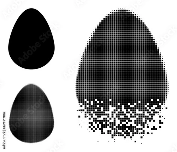 Fototapeta Egg icon with disappearing effect. Disappearing effect involves circle particles. Egg in dissolved, pixelated halftone and base solid vector variants.