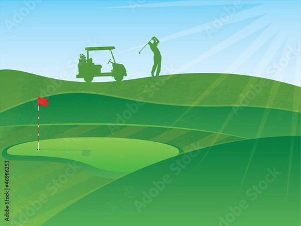 Fototapeta Golf Course Hills Background with a Golfer and Cart