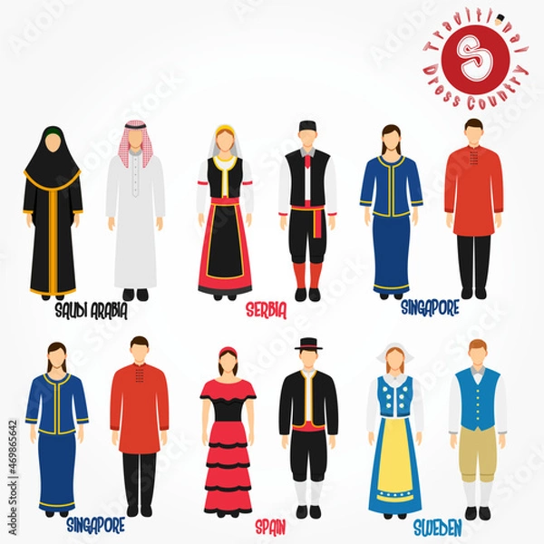 Fototapeta Set of alphabet "S" cartoon characters in traditional clothes.	
