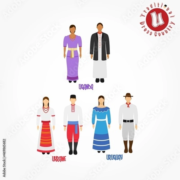 Fototapeta Set of alphabet "U" cartoon characters in traditional clothes.	
