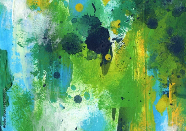 Fototapeta Abstraction in yellow and green colors for the background of invitations, banners, posters. The picture was painted with acrylic paints. 