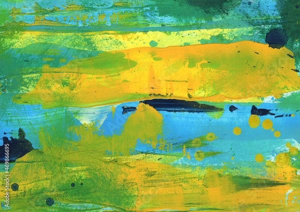 Fototapeta Abstraction in yellow and green colors for the background of invitations, banners, posters. The picture was painted with acrylic paints. 