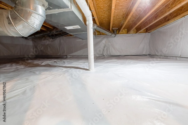 Fototapeta Crawl space fully encapsulated with thermoregulatory blankets and dimple board. Radon mitigation system pipes visible. Basement location for energy saving home improvement concept.