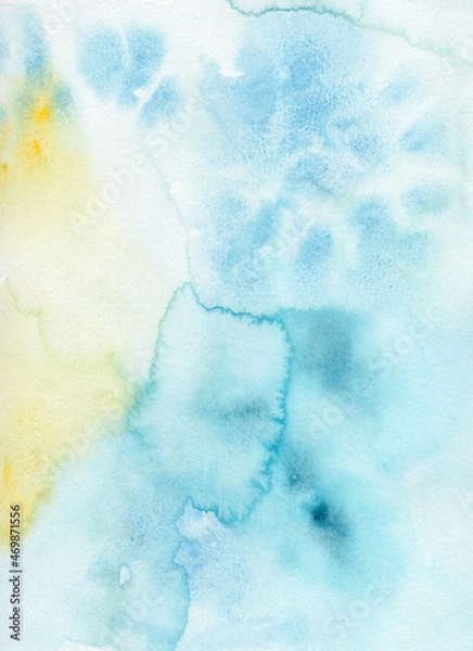 Fototapeta Large size watercolor background for invitations, banners, posters. The background is painted in turquoise, blue, yellow and red colors. 