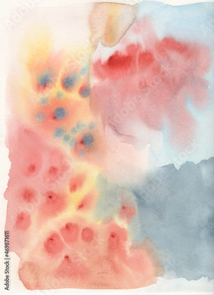 Fototapeta Large size watercolor background for invitations, banners, posters. The background is painted in turquoise, blue, yellow and red colors. 