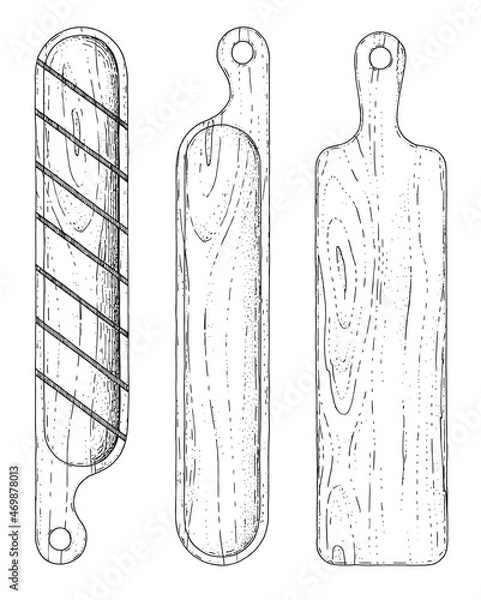 Obraz Cutting boards for cutting baguettes and loaves. Vector hand-drawn sketches. Vintage style engraving