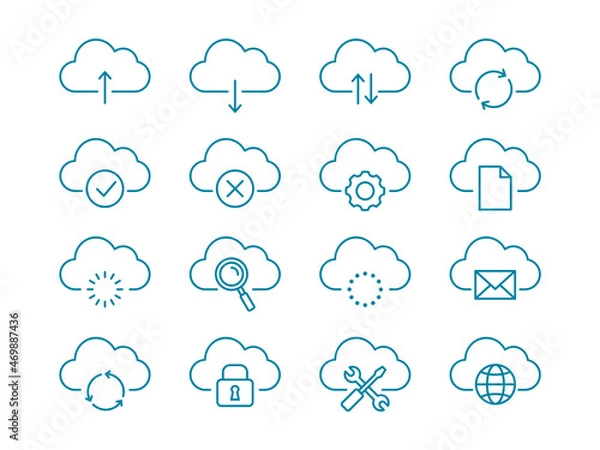 Obraz Cloud computing line icon set. Collection of 16 different cloud technology symbols. SaaS, IaaS concept. Synchronization, data back up, network settings, search. Vector illustration, flat, clip art. 
