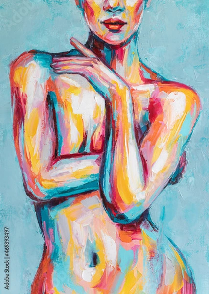 Fototapeta Oil portrait painting in multicolored tones. Abstract picture of a beautiful girl. Conceptual closeup of an oil painting and palette knife on canvas.