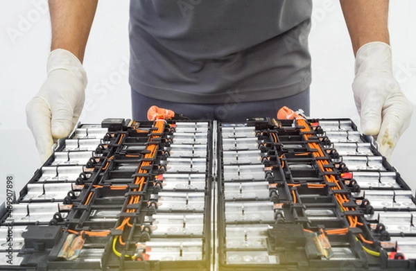 Fototapeta Selective focus hands in gloves of expert technicain electric car, EV car while opened A used Lithium-ion car battery before its repair