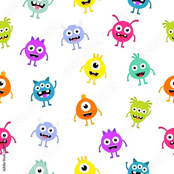 Obraz Seamless pattern cartoon cute monsters background. Halloween aliens texture.