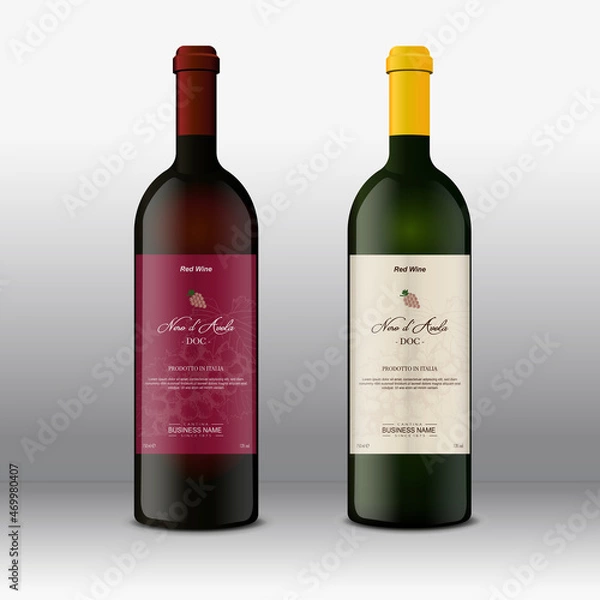 Obraz Set of modern red and white Wine Label with bottles mockup
