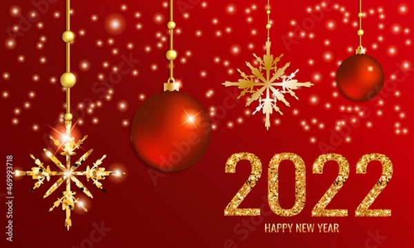 Fototapeta Greeting card with Happy New Year 2022. Christmas background with shiny snowflakes, Christmas toys and numbers 2022. Vector illustration 