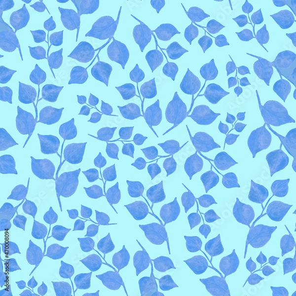 Fototapeta Seamless pattern of leaves. Watercolor blue snowy leafy twigs on light background. Hand drawn round pointed foliage. Perfect for wrapping paper, textile and backdrop for winter
