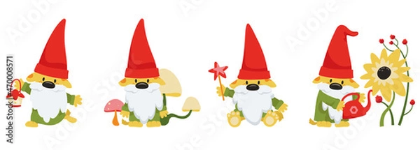 Fototapeta Dog gnome in different poses. Fairytale character in cartoon style