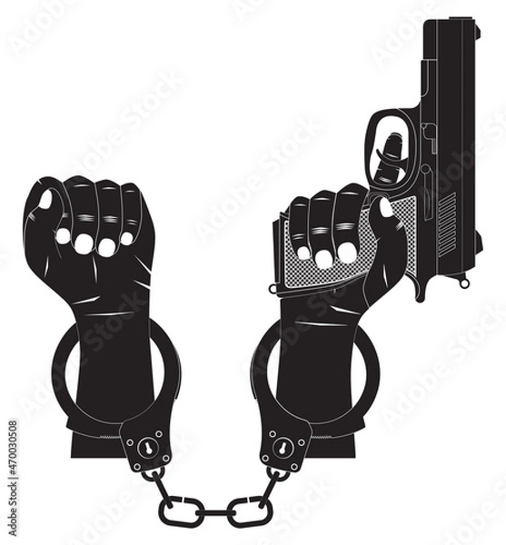 Obraz Hands in handcuffs. Silhouette.