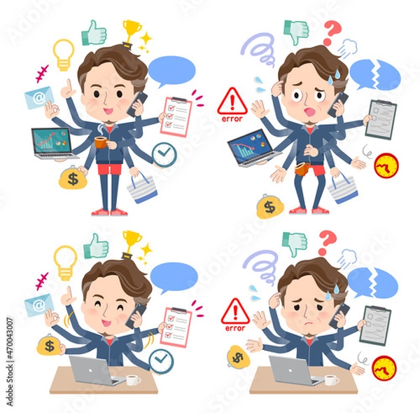 Obraz オフィスでマルチタスクをこなすスポーツウエアを着た中年男性のセット