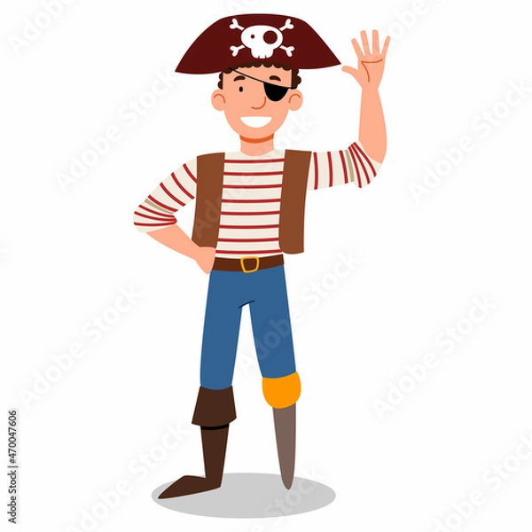 Fototapeta a pirate character in a suit, wearing a hat, without a leg and with an eye patch. vector illustration of a pirate sailor isolated on a white background