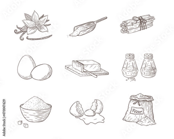 Fototapeta Cooking Ingredients Engraved Illustrations Set. Collection of hand drawn food sketches for recipe, logo, recipe, print, sticker, menu design and decoration
