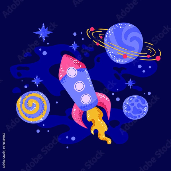 Fototapeta Rocket in space. Stars and planets in the night sky. Blue space print.
