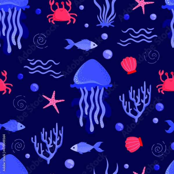 Fototapeta Jellyfish, fish and algae on a blue background. Sea animals, illustration, seamless pattern
