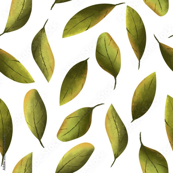 Fototapeta Green blueberry leaves on a white background. Seamless floral pattern