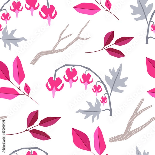 Fototapeta Dicentra flower and red leaves on a white background. Summer and autumn plants, seamless pattern
