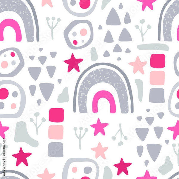 Fototapeta Abstract rainbow and clouds on a white background. Gray and pink shapes, geometric seamless pattern.