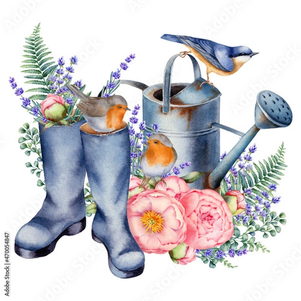Fototapeta Watercolor illustration with rubber boots, watering can, sparrow and tit bird, lavender and roses, isolated on the white background. Hand painted watercolor clipart.