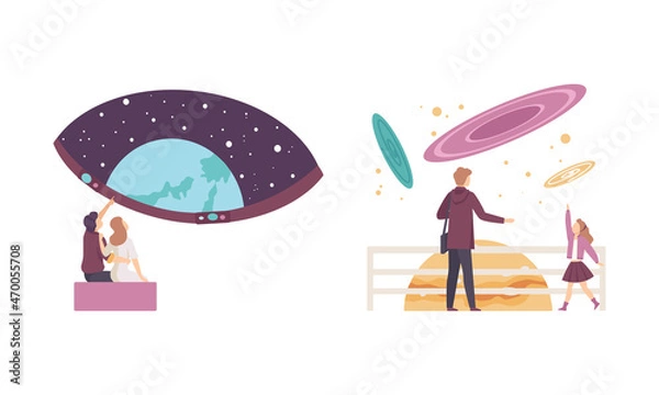 Fototapeta People Character Visiting Planetarium Learning about Astronomy and Night Sky Vector Set