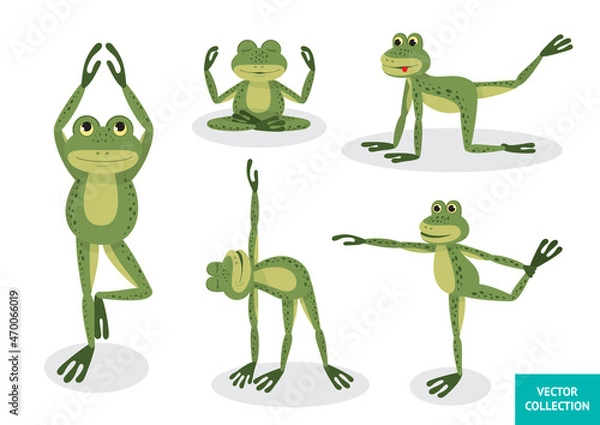Fototapeta Funny Frogs doing yoga. Frogs in different poses. Vector illustration. Vector collection, set