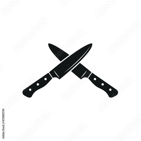 Fototapeta The two knives are crossed with each other. Black silhouette of two knives. Concept: culinary battle, duel in the kitchen. Vector illustration, flat minimal cartoon dark design isolated.