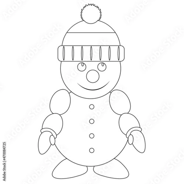 Fototapeta Funny and kind snowman in a fashionable hat. Vector illustration coloring book.