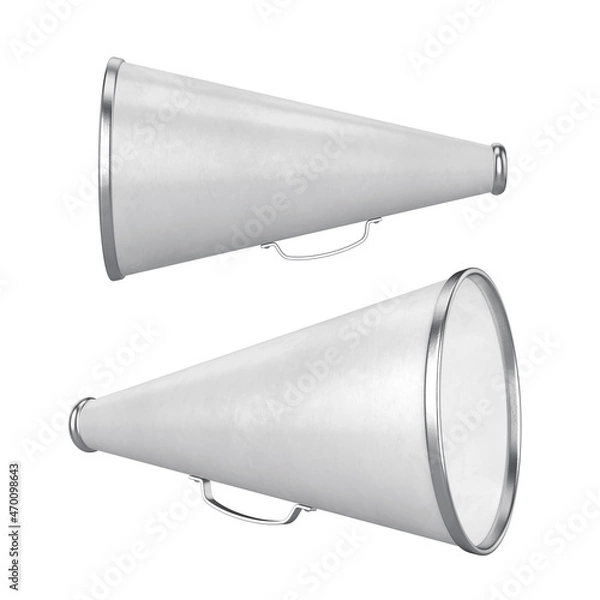 Fototapeta Old megaphone white from two angles on a white background, 3d render