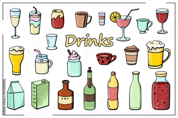 Obraz Color set of hand drawn drinks in line style. Vector illustration. Cold drinks, summer cocktails and alcoholic beverages for beach party, bar, restaurant menu.