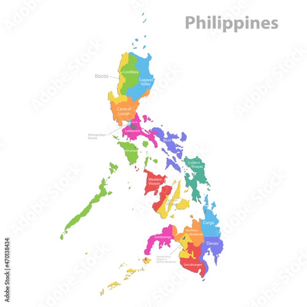 Fototapeta Philippines map, administrative division, separate individual regions with names, color map isolated on white background vector