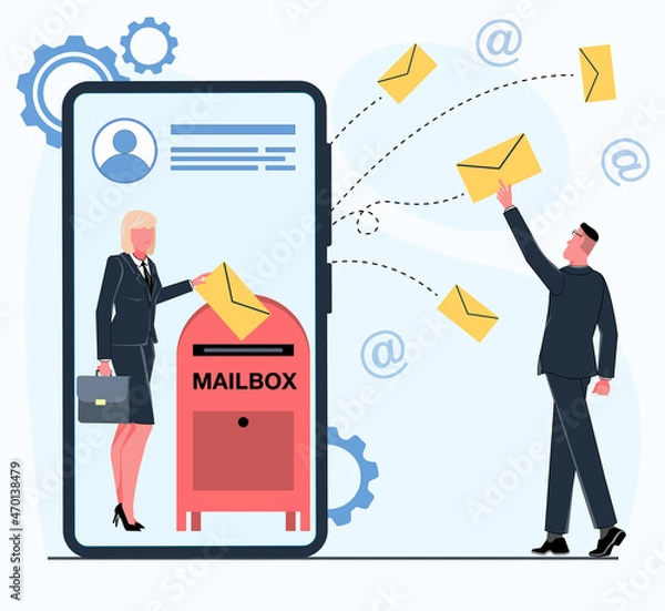Fototapeta successful businesswoman on the phone sends a letter through the mailbox businessman catches the letter they communicate through email service 