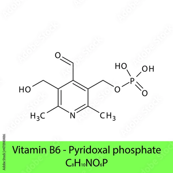 Fototapeta Vitamin B6 Pyridoxal phosphate Skeletal structure and molecular formula. Organic biomolecule, isolated vector illustration
