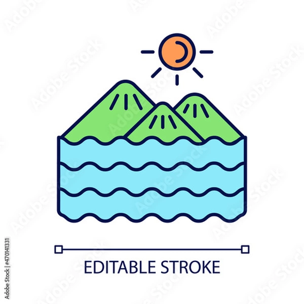 Fototapeta Island RGB color icon. Land surrounded by water. Ground piece in sea and ocean. Land in water. Islet, skerry and cay. Isolated vector illustration. Simple filled line drawing. Editable stroke