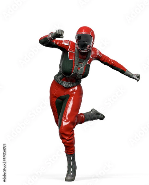 Fototapeta cosmonaut girl is running like a comic hero on white background
