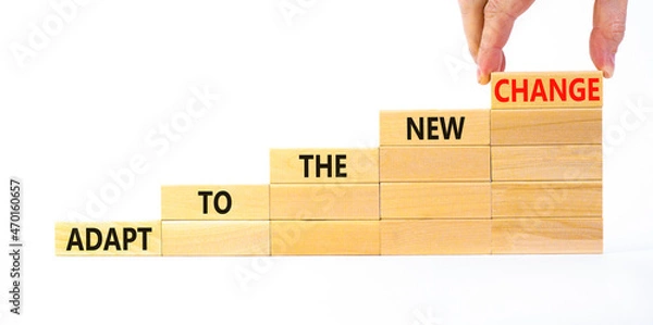 Fototapeta Adapt to the new change symbol. Wooden blocks with words Adapt to the new change on beautiful white background, copy space. Businessman hand. Business, adapt to change concept.