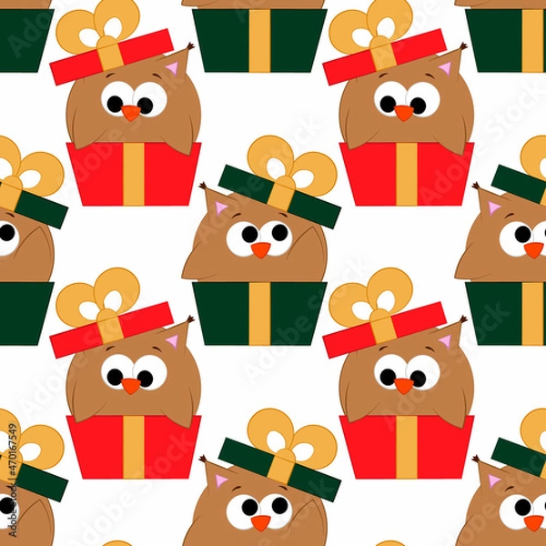 Fototapeta Seamless vector pattern with cute cartoon owl in gift box