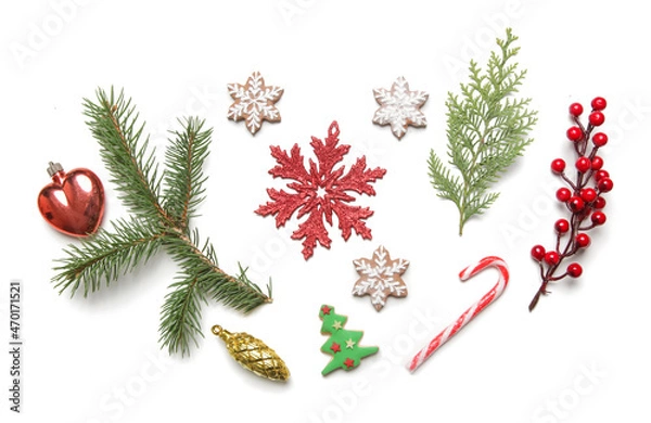 Fototapeta Christmas decoration design elements isolated on white background. Christmas, winter holiday, new year concept.	