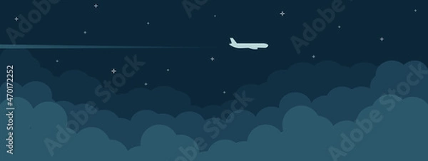 Fototapeta Airplane flying above clouds. Jet plane with exhaust white trail. White and transparent clouds. pi?ture of a civilian plane flying in the night above the clouds, flat style illustration vector
