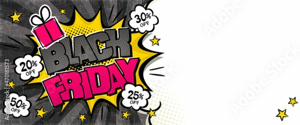 Obraz Bright comic banner for black friday discounts or sales. Cloud text frame on a ray background. Template for web design, flyers, banners, coupons, applications and posters. Vector illustration