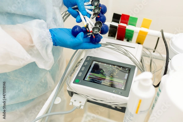 Obraz a doctor's hands in a blue rubber glove holds an electrocardiograph or ekg machine