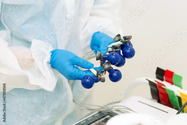 Obraz a doctor's hands in a blue rubber glove holds an electrocardiograph or ekg machine