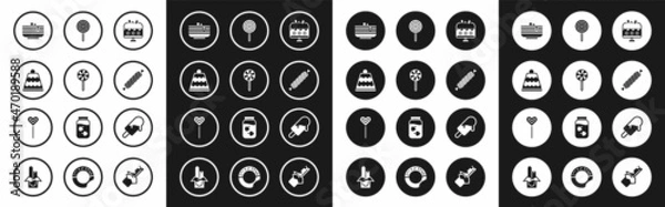 Fototapeta Set Cake on plate, Lollipop, Stack of pancakes, Candy, Ice cream and icon. Vector