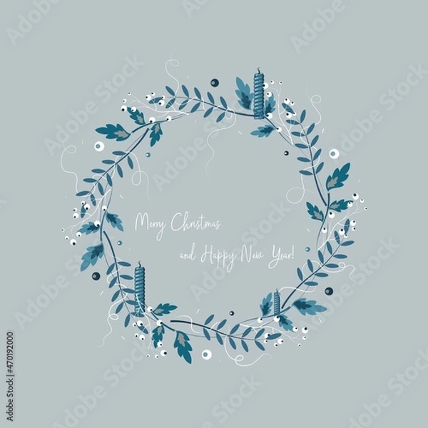 Fototapeta Vector illustration of a Christmas wreath. Blue wreath. Invitation, postcard with New Year's motives. Illustration for the new year of the tiger.