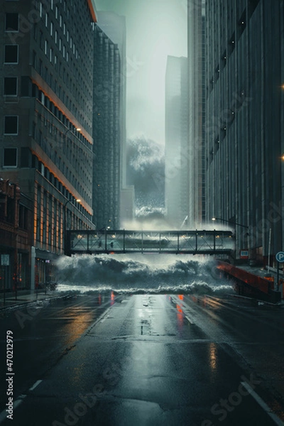 Fototapeta A cinematic portrayal of a city destroyed by Tsunami waves. Elements in this cityscape were carefully created, modified and manipulated to resemble a fictitious disaster scene.