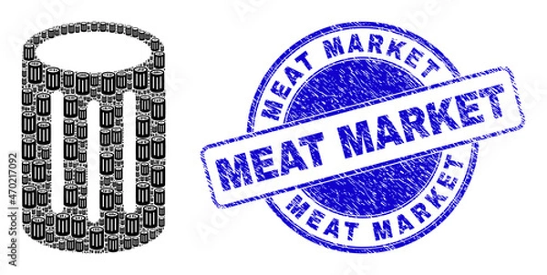 Fototapeta Vector cylinder container icon composition is organized from random recursive cylinder container elements. Meat Market rubber blue round stamp. Recursive composition from cylinder container icon.
